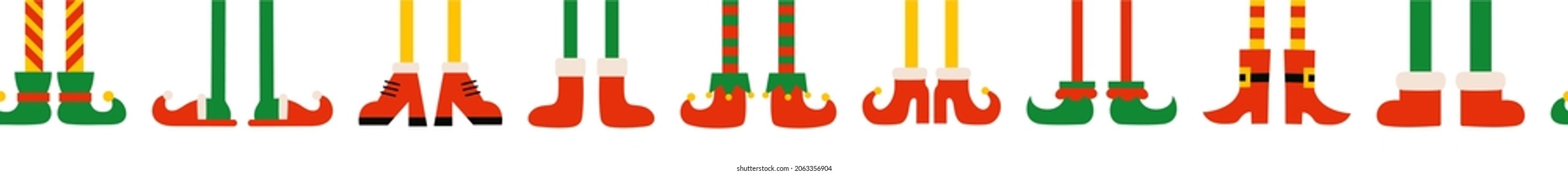 Shoes and boots for elves feet. Santa Claus helpers. Seamless pattern, endless border, decorative Christmas holiday brush with feet and legs. Elf gnome dwarf. Edge stripe ornament design