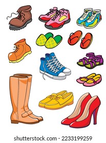 Shoes. Boots. Shoes. Keds. Vector illustration for children. Black outline.