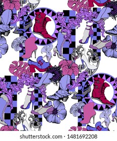 Shoes and boots. Seamless pattern. Vector illustration. Suitable for fabric, wrapping paper and the like.