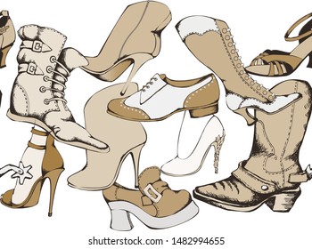 Shoes and boots. Seamless pattern. Vector illustration. Suitable for fabric, wrapping paper and the like.