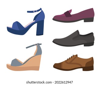 Zapatos y botas. Varios tipos de calzado masculino o femenino. Vista lateral de sandalias informales con tacones altos o cuñas. Aparcamiento elegante. Lofistas elegantes y formales. Ropa de pie de vectores