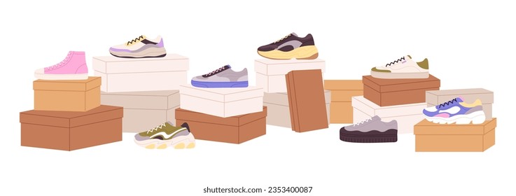 Shoes and boxes. Sneakers packing, craft stylish box and casual boots. Retail presentation, footwear collection advertising racy vector scene