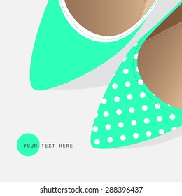 Shoes card in vintage style. Woman's turquoise shoes vector. Fashion design background. Can write your text. Design template for label, banner, postcard, icon, sketch, silhouette, blueprint concept. 