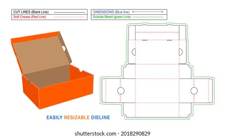 Shoes cardboard box without glue shoe box, easily and perfectly foldable box dieline template and 3D box