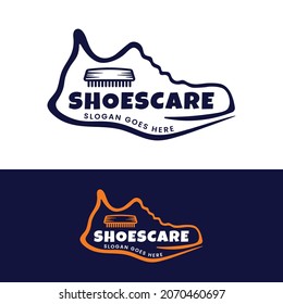 Shoes Care Cleaning Logo Design Template. Sneaker Shoes with Brush for Shoes Cleaner Care Service Repair Maintenance Business Brand Company in Vintage Hipster Line Logo Design.