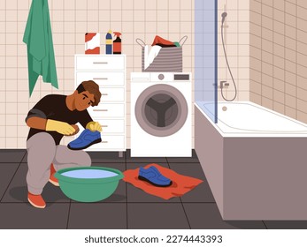 Limpieza de zapatos y cuidado. Un hombre preciso lava en agua sus zapatos con champú en el baño, cuidado de zapatillas, dibujos animados tipo plano hombre con cosas sucias, interior contemporáneo, concepto de vector ordenado