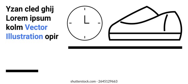 Shoes, a clock, and placeholder text in a minimalist black-and-white vector style. Ideal for digital design, time management, footwear industry, modern art, simplicity, monochrome themes, and layout