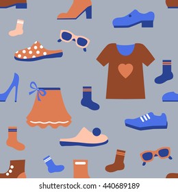 Shoes and clothes repeat pattern. Retro color. Vector trend background.