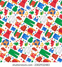 Shoes and clothes textile objects seamless pattern with cloth, fabric, shoe, trousers, fiber, jeans, sweater. Ornament for printing on fabric, cover and packaging. Vector isolated on white