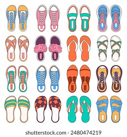 Shoes collection in cartoon style. Set of casual woman and men footwear shoes, sneakers and boots. Vector illustration isolated on a white background.