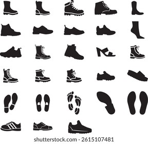 shoes. Collection of different types of shoes, boots, sandals, and footprints silhouette vector