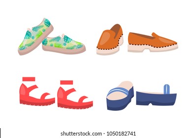 Shoes collection summer mode, set of footwear for women, summer mode with sandals and paris of shoes, vector illustration isolated on white background