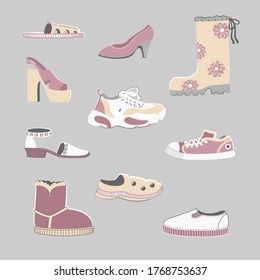 Shoes collection in vector illustration isolated on gray background. Boots, sandals, sneakers, footwear design. Poster, print, ornament. Pink, white, gray, beige colors. Set. Lifestyle.