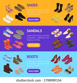 Shoes Concept 3d Banner Horizontal Set Isometric View Include of Sneaker, Sandal, Slipper, Loafer, Ballet and Moccasin. Vector illustration of Icons