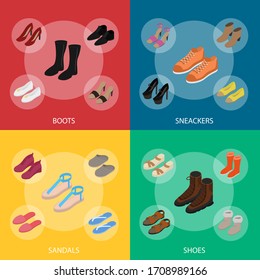 Shoes Concept 3d Banner Set Isometric View Include of Sneaker, Sandal, Slipper, Loafer, Ballet and Moccasin. Vector illustration of Icons