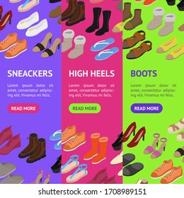 Shoes Concept 3d Banner Vecrtical Set Isometric View Include of Sneaker, Sandal, Slipper, Loafer, Ballet and Moccasin. Vector illustration of Icons