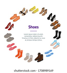 Shoes Concept Banner Card Circle 3d Isometric View Include of Sneaker, Sandal, Slipper, Loafer, Ballet and Moccasin. Vector illustration of Icons