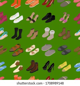 Shoes Concept Seamless Pattern Background 3d Isometric View Include of Sneaker, Sandal, Slipper, Loafer, Ballet and Moccasin. Vector illustration of Icons