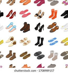 Shoes Concept Seamless Pattern Background on a White 3d Isometric View Include of Sneaker, Sandal, Slipper, Loafer, Ballet and Moccasin. Vector illustration of Icons