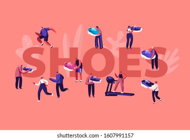 Shoes Concept. Sportsmen and Sportswomen Training in Gym and Walk Outdoors in Sport Sneakers. Tiny Male and Female Characters in Footwear Poster Banner Flyer Brochure. Cartoon Flat Vector Illustration