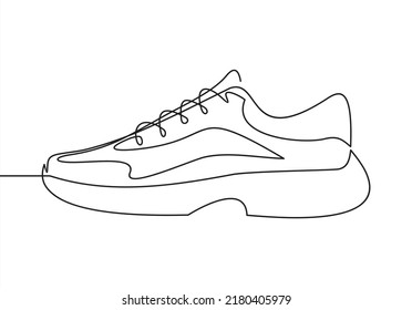 Shoes continuous one line drawing. Sports shoes in a line style. Sneakers isolated on white background. Good for man or woman. Fashionable and casual. Vector minimalistic hand drawn illustration