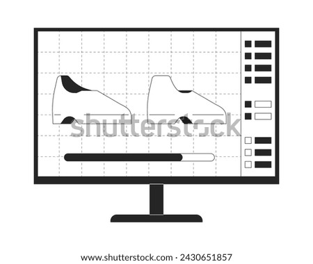 Shoes designing on computer screen black and white 2D line cartoon object. High fashion technology isolated vector outline item. Mens fashion footwear production monochromatic flat spot illustration