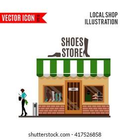 Shoes detailed flat design icon isolated on white background. Vector illustration for shop. Female boutique building. Local street market. Modern front fashion style store. Cartoon footwear facade.