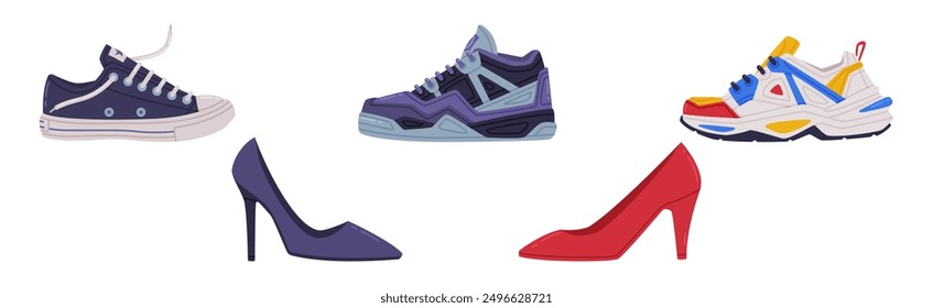 Shoes of Different Type as Casual Footwear Vector Set