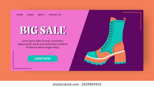 Shoes discount landing page. Footwear sale. Store special offer. Trendy boots. Stylish clothing merchandise. Fashionable accessory. Shopping web promotion. Website design template. Vector background