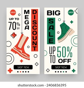 Shoes discount. Social media promotion post. Store special offer. Trendy boots. Footwear mega sale advertising. Seasonal clothing merchandise. Shopping web promo. Vector online shop banners design set