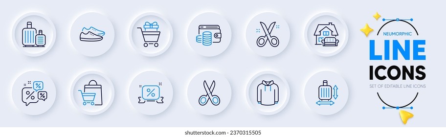 Shoes, Discounts chat and Wallet money line icons for web app. Pack of Hoody, Shopping trolley, Baggage pictogram icons. Baggage size, Cut, Sale bags signs. Furniture moving. Vector