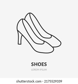 Shoes doodle line icon. Vector thin outline illustration of footgear with heel. Black color linear sign for women footwear