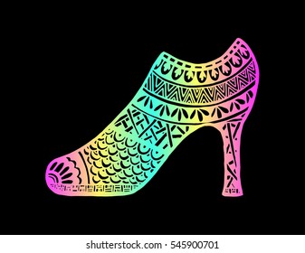 shoes doodle style. Hand drawn outline ornamental high heel shoe illustration. 