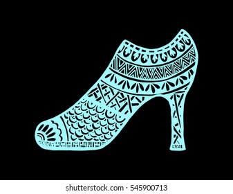 shoes doodle style. Hand drawn outline ornamental high heel shoe illustration. 