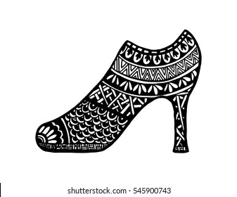 shoes doodle style. Hand drawn outline ornamental high heel shoe illustration. 