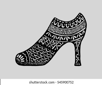 shoes doodle style. Hand drawn outline ornamental high heel shoe illustration. 