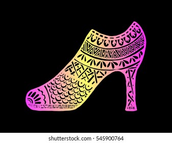 shoes doodle style. Hand drawn outline ornamental high heel shoe illustration. 