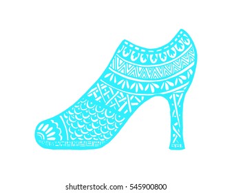 shoes doodle style. Hand drawn outline ornamental high heel shoe illustration. 