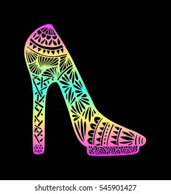 shoes doodle style. Hand drawn outline ornamental high heel shoe illustration. 