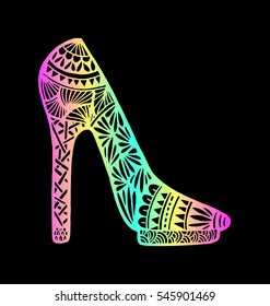 shoes doodle style. Hand drawn outline ornamental high heel shoe illustration. 