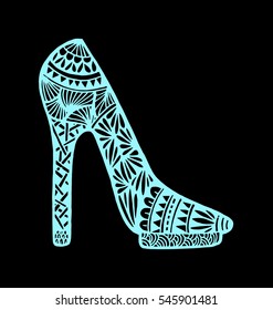 shoes doodle style. Hand drawn outline ornamental high heel shoe illustration. 