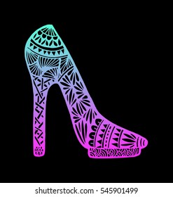 shoes doodle style. Hand drawn outline ornamental high heel shoe illustration. 