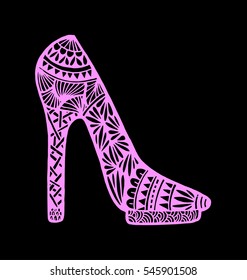 shoes doodle style. Hand drawn outline ornamental high heel shoe illustration. 