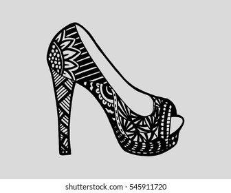 shoes doodle style, Hand drawn outline ornamental high heel shoe illustration