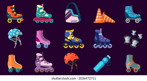 Shoes and equipment for roller skating set. Safety helmet and knee pads active fun fitness with skating jogging wheeled boots extreme leisure from 80s and 90s vintage style. Vector fun.