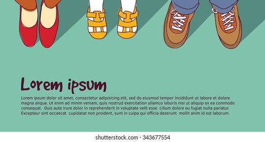 Shoes family parents with child. Family foots standing in line. Color vector illustration. EPS 8