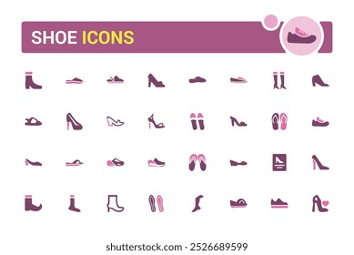 Schuhe Fashion relatate solide bunte Icon-Set. Duotonfarbe. Sportschuh, Stiefel, Schuh, Flip Flops, Stiefel, High Heels, Farbe Icon Sammlung, Schuhe, Bearbeitbare und Pixel perfekte Symbolpaket.