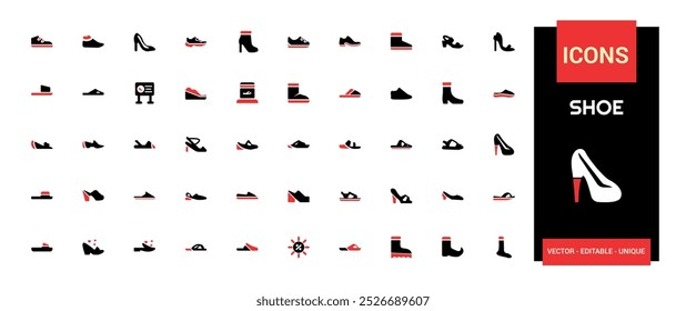 Schuhe Fashion relatate solide bunte Icon-Set. Duotonfarbe. Sportschuh, Stiefel, Schuh, Flip Flops, Stiefel, High Heels, Farbe Icon Sammlung, Schuhe, Bearbeitbare und Pixel perfekte Symbolpaket.