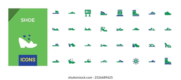 Schuhe Fashion relatate solide bunte Icon-Set. Duotonfarbe. Sportschuh, Stiefel, Schuh, Flip Flops, Stiefel, High Heels, Farbe Icon Sammlung, Schuhe, Bearbeitbare und Pixel perfekte Symbolpaket.