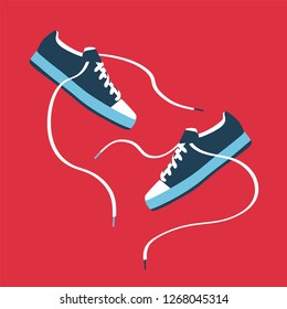 Shoes flat icon with bright colorful running sneakers. Vector illustration isolated on blue background.